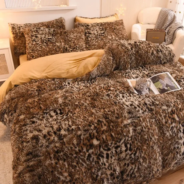 3pcs Luxurious Leopard Print Faux Fur Plush Duvet Cover Set - Ultra-Soft, Warm, and Fluffy Shaggy Design with Zipper Closure - I - Image 3