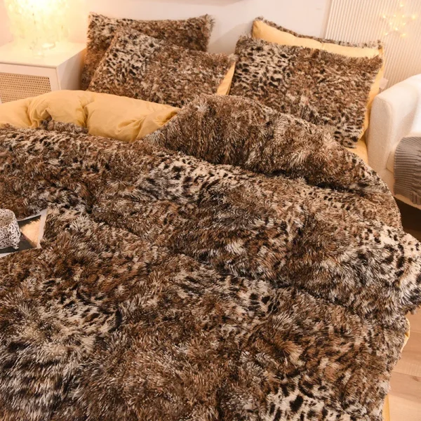 3pcs Luxurious Leopard Print Faux Fur Plush Duvet Cover Set - Ultra-Soft, Warm, and Fluffy Shaggy Design with Zipper Closure - I - Image 5