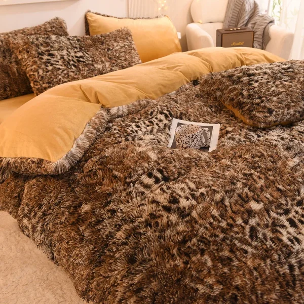 3pcs Luxurious Leopard Print Faux Fur Plush Duvet Cover Set - Ultra-Soft, Warm, and Fluffy Shaggy Design with Zipper Closure - I - Image 4